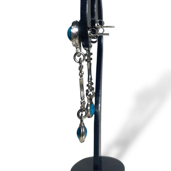 Vintage Silver Tone Turquoise Dangle Earrings Boho Tribal Statement Jewelry - Picture 3 of 7